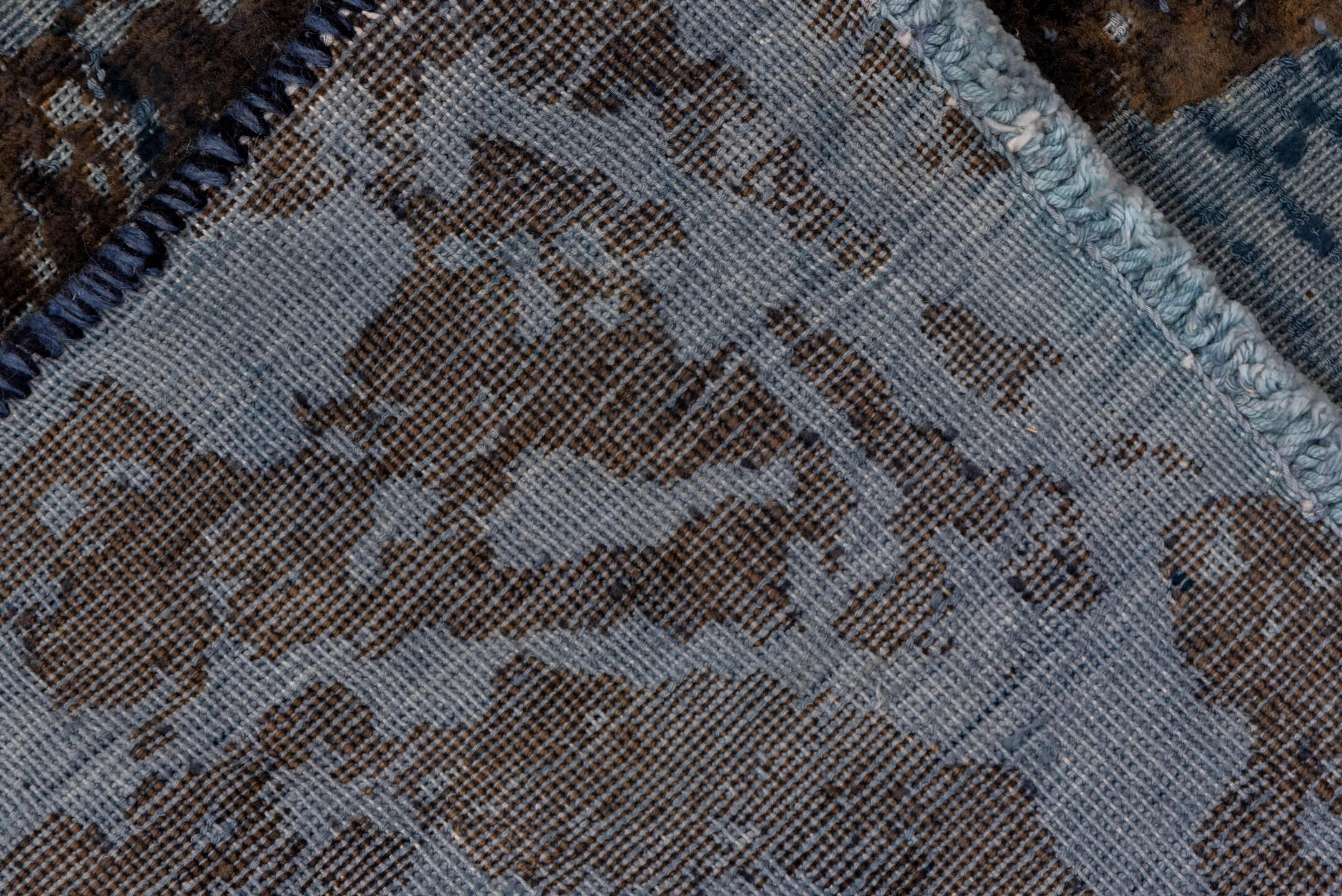 5' x 7' one-of-a-kind handmade vintage Overdyed rug. Color palette: blue, charcoal, slate, steel_blue, gray, black