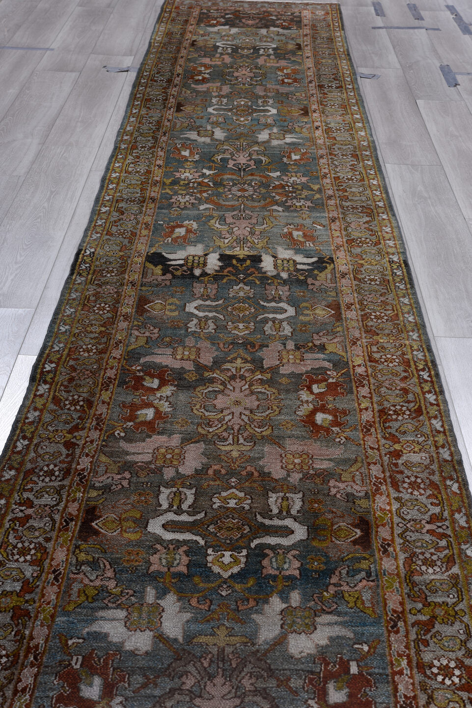 2' x 13' one-of-a-kind handmade vintage Malayer runner rug. Color palette: brown, gray, black, pink, blue, charcoal