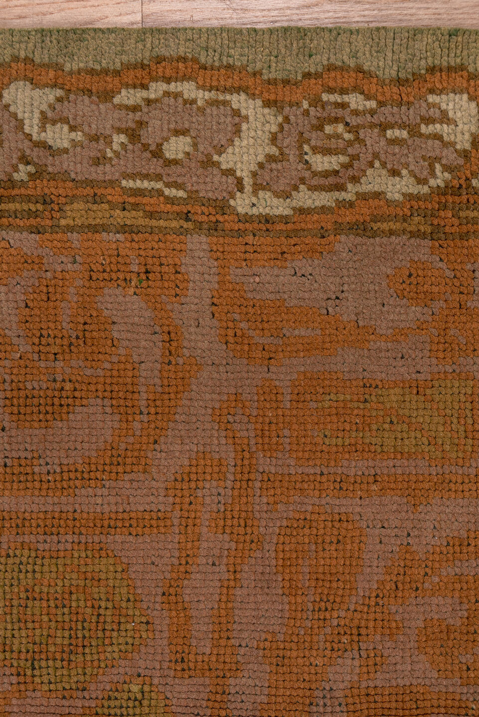 4' x 13' one-of-a-kind handmade handmade Donegal runner rug. Color palette: terra cotta, rust, taupe, olive, sage, brown