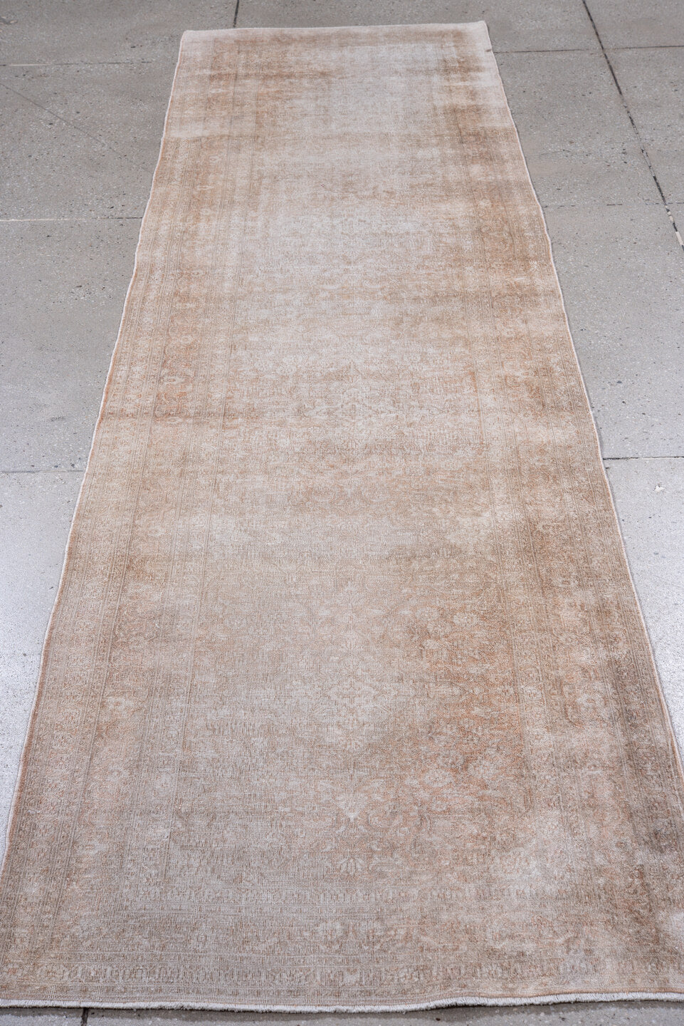 2' x 10' one-of-a-kind handmade vintage Kashmir runner rug. Color palette: gray, light gray, off-white, pink, brown, silver