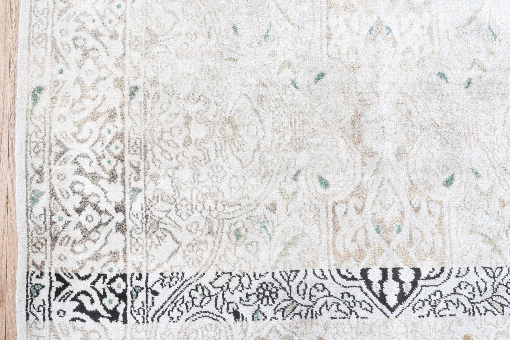 2' x 9' one-of-a-kind handmade vintage Kashmir runner rug. Color palette: ivory, cream, taupe, sage, beige, brown, gray