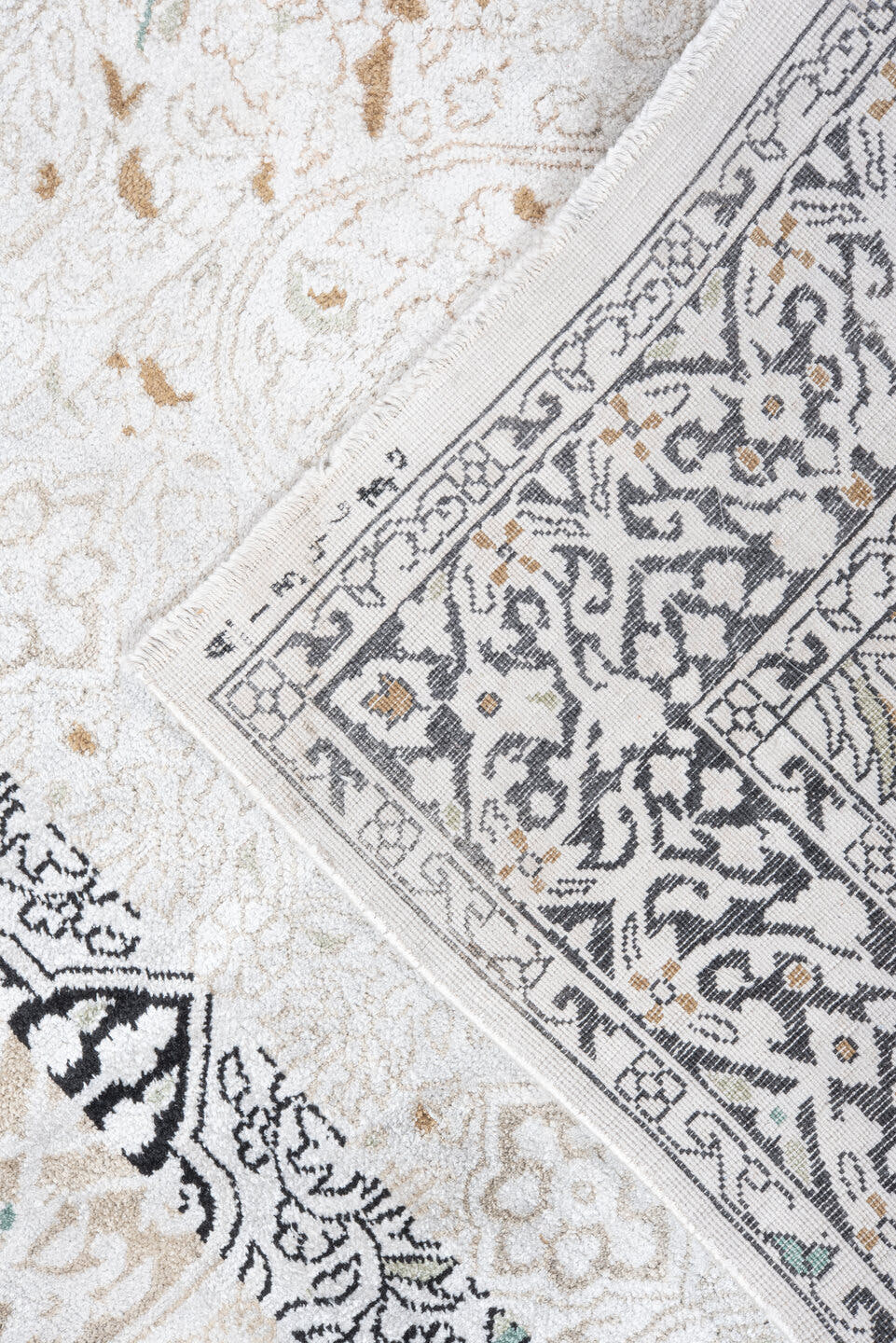 2' x 9' one-of-a-kind handmade vintage Kashmir runner rug. Color palette: ivory, cream, taupe, sage, beige, brown, gray
