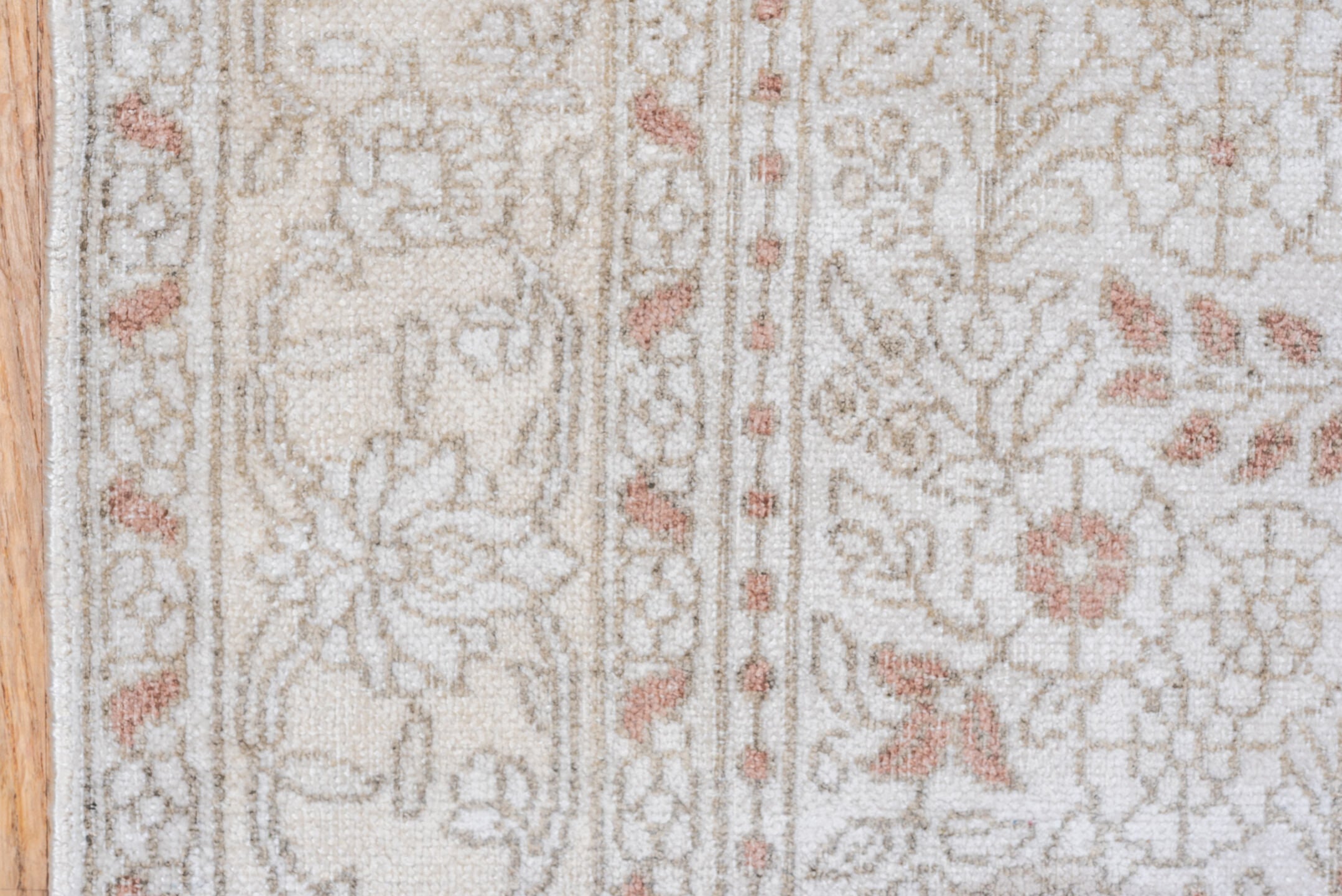 3' x 5' one-of-a-kind handmade antique Kashmir small size rug. Color palette: ivory, taupe, soft rose, beige, camel
