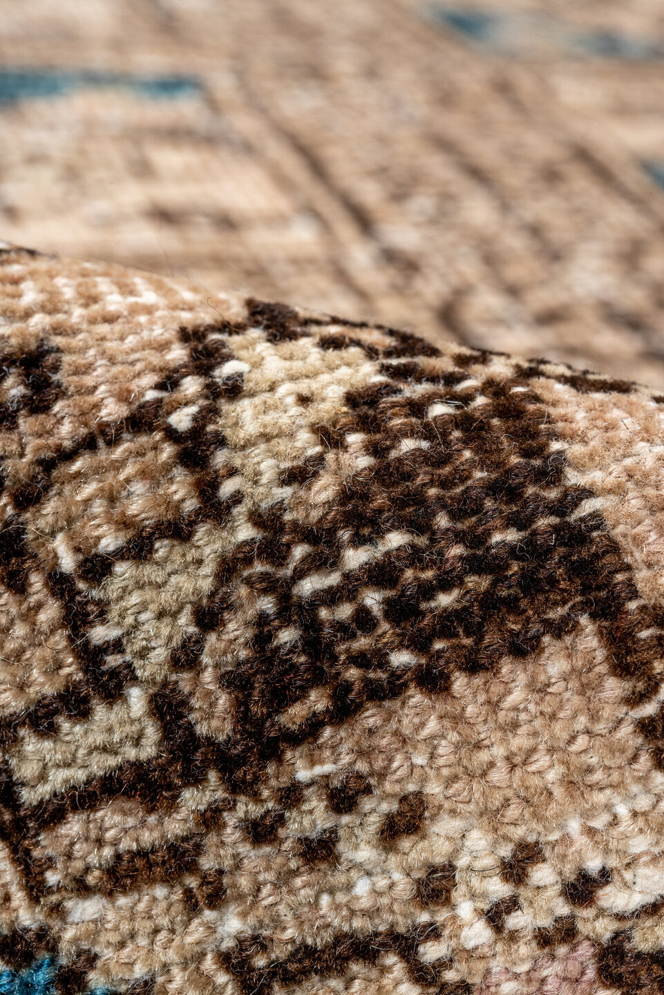 3' x 5' one-of-a-kind handmade antique Belouch small size rug. Color palette: camel, ivory, brown, sky_blue, taupe, beige