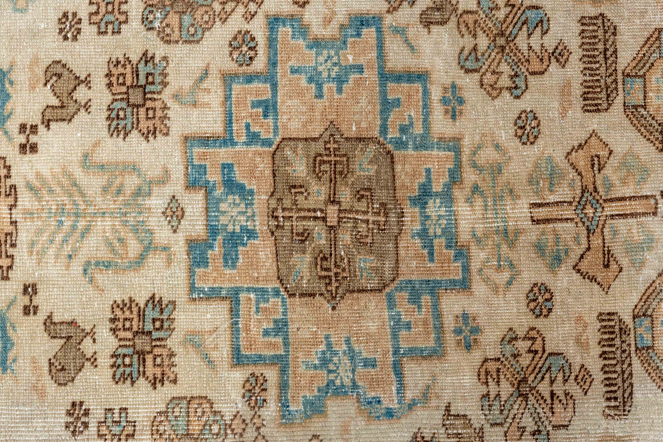 5' x 8' one-of-a-kind handmade antique Ardebil medium size rug. Color palette: ivory, sky blue, taupe, camel, brown, beige