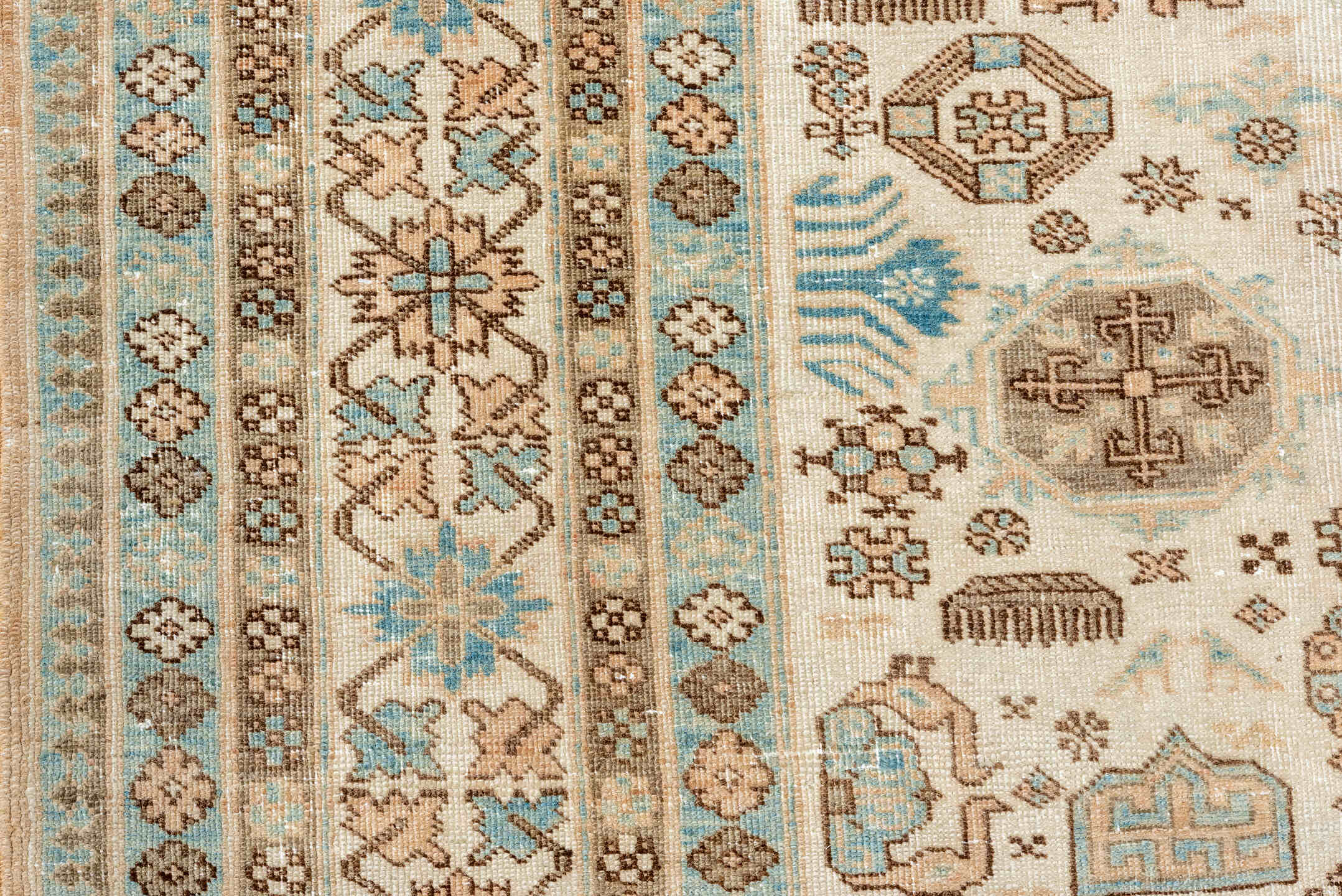 5' x 8' one-of-a-kind handmade antique Ardebil medium size rug. Color palette: ivory, sky blue, taupe, camel, brown, beige