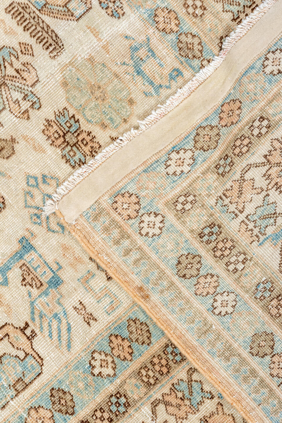 5' x 8' one-of-a-kind handmade antique Ardebil medium size rug. Color palette: ivory, sky blue, taupe, camel, brown, beige