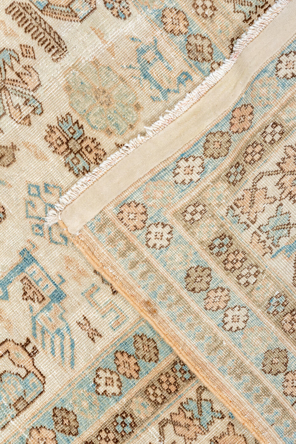 5' x 8' one-of-a-kind handmade antique Ardebil medium size rug. Color palette: ivory, sky blue, taupe, camel, brown, beige