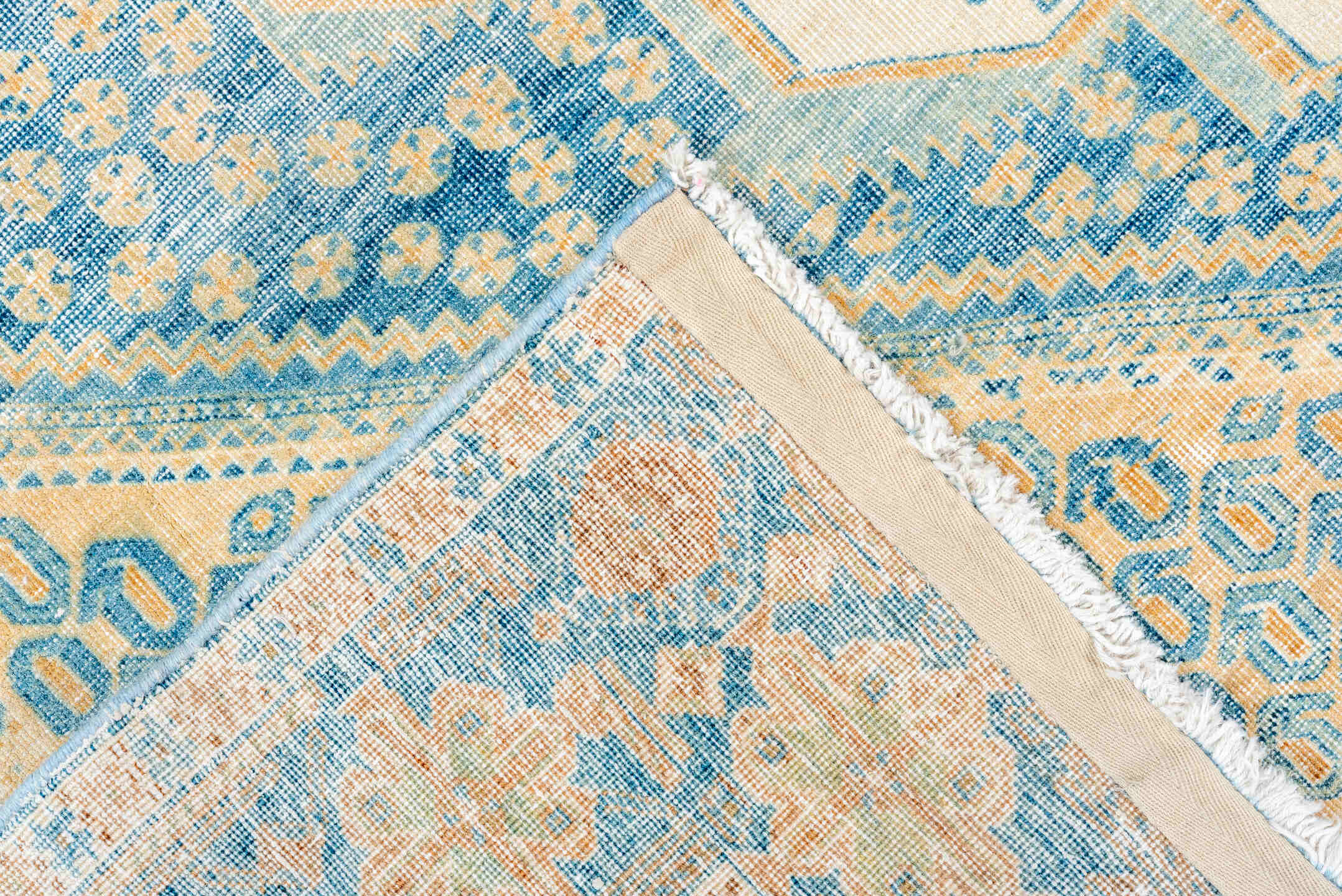 5' x 6' one-of-a-kind handmade antique Afshar rug. Color palette: ivory, sky blue, sand, camel, beige, light blue
