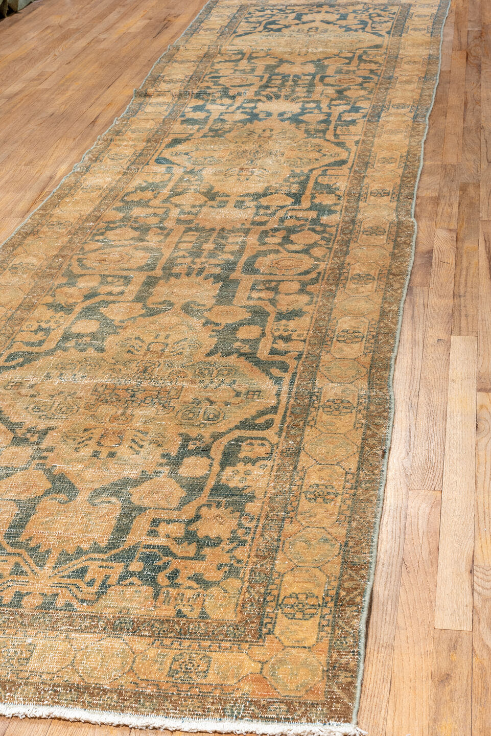 3' x 15' one-of-a-kind handmade antique Malayer runner rug. Color palette: camel, ivory, slate, taupe, beige, charcoal, gray