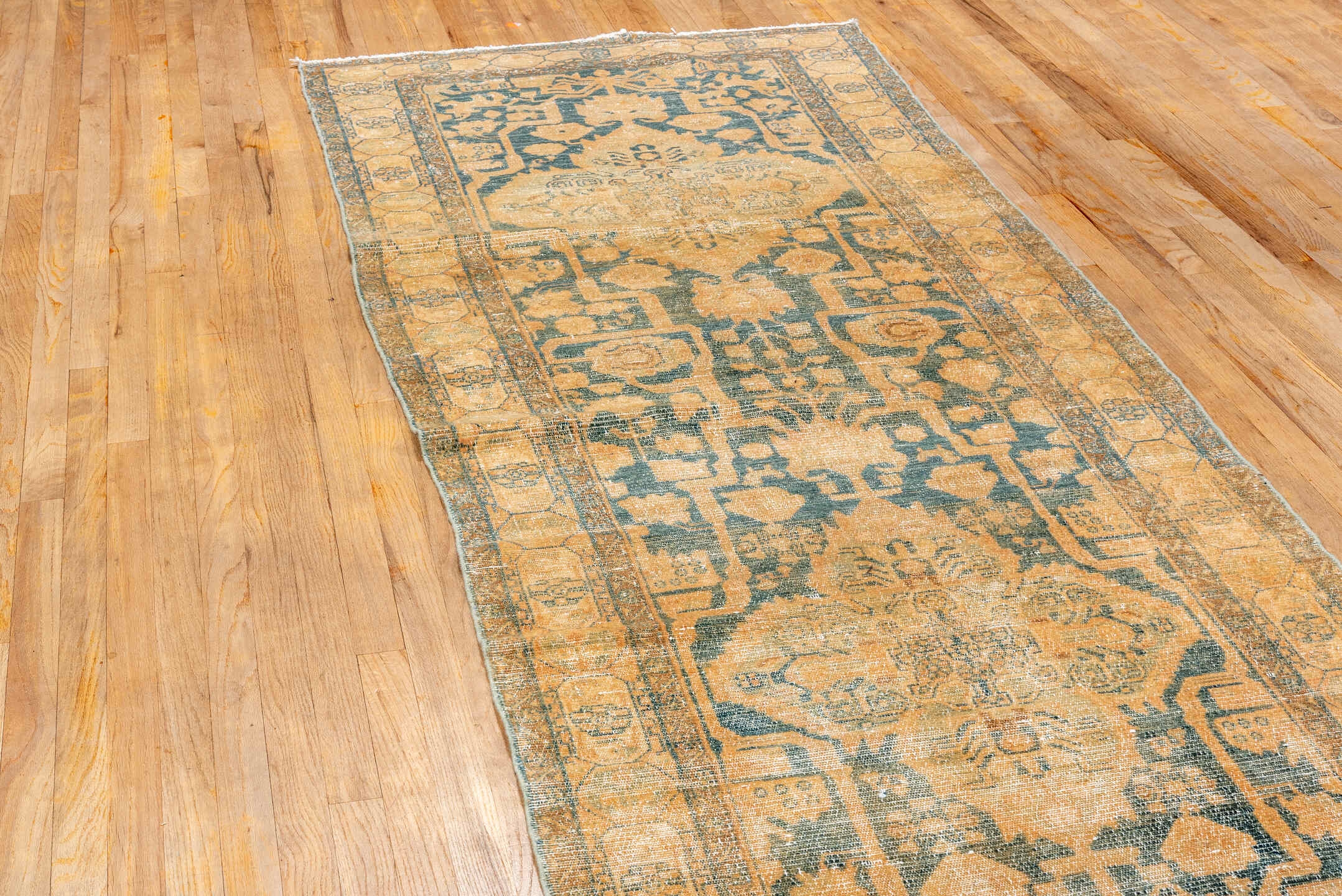 3' x 15' one-of-a-kind handmade antique Malayer runner rug. Color palette: camel, ivory, slate, taupe, beige, charcoal, gray