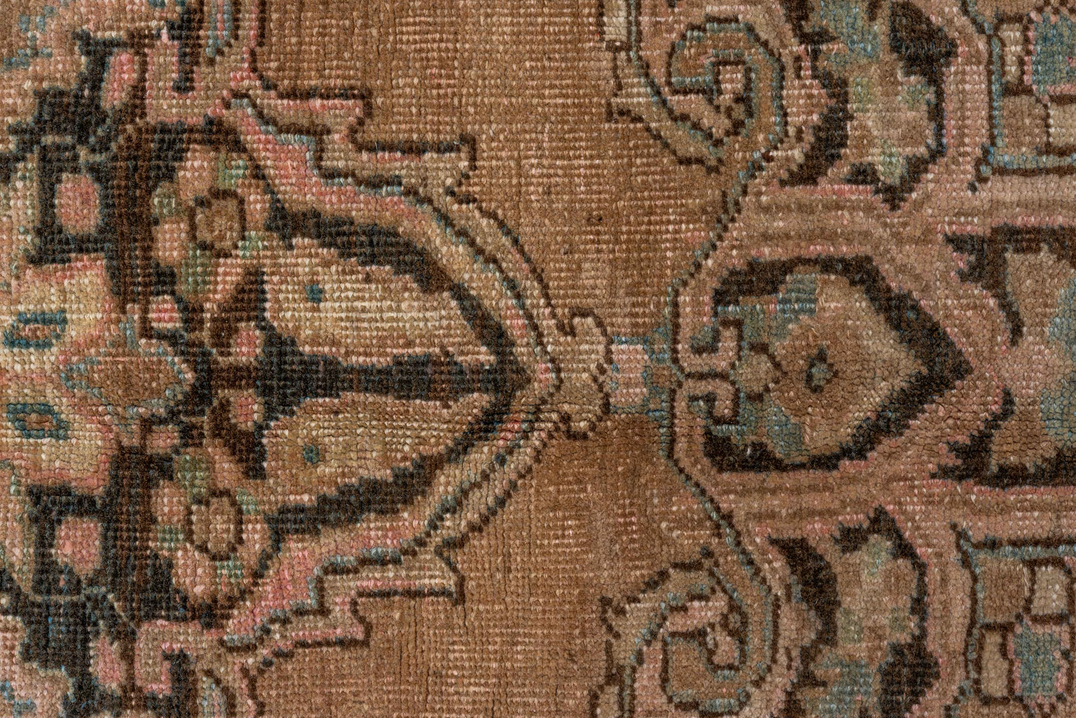 9' x 11' one-of-a-kind handmade antique Heriz large size rug. Color palette: camel, charcoal, ivory, pale blue, blush, taupe