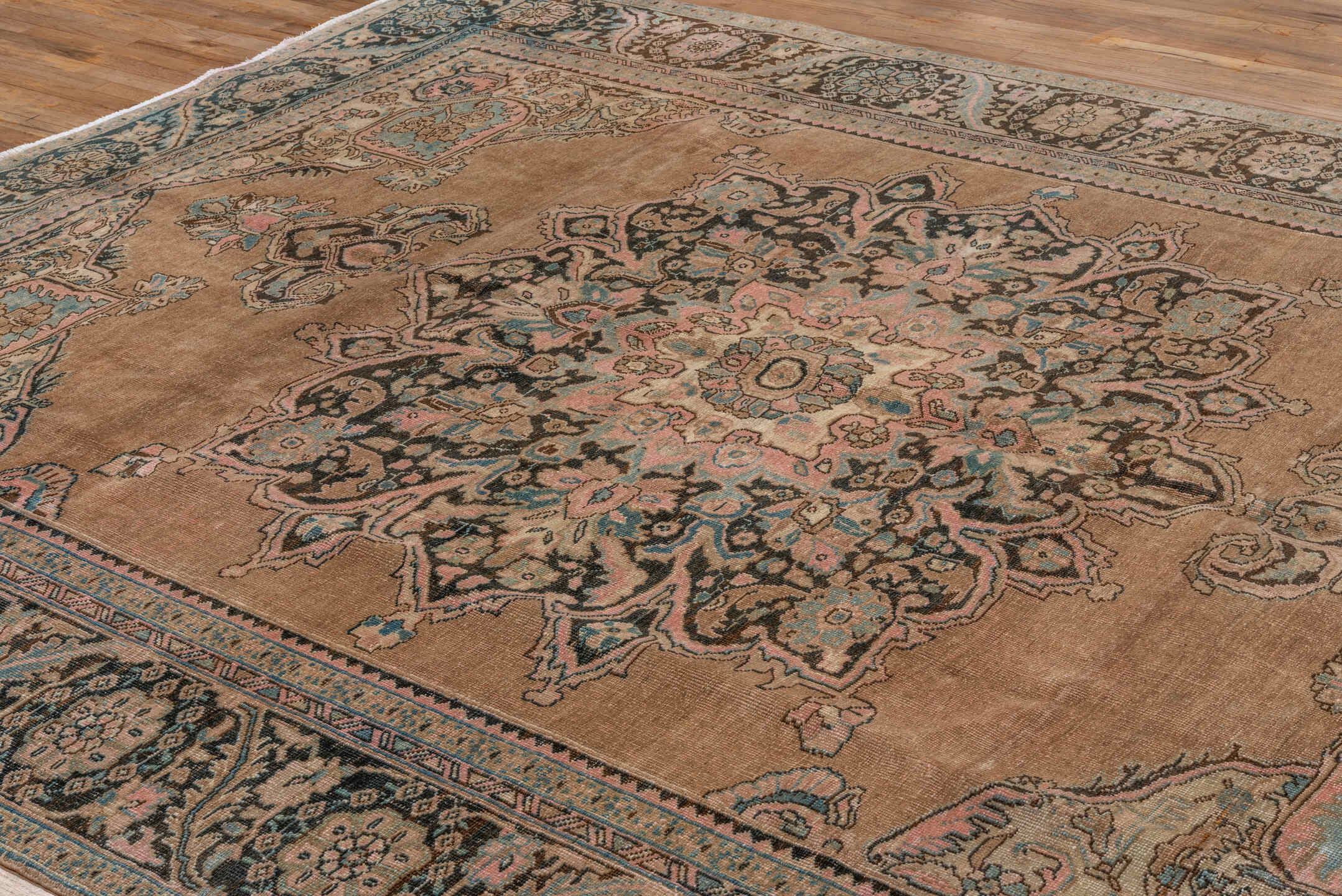 9' x 11' one-of-a-kind handmade antique Heriz large size rug. Color palette: camel, charcoal, ivory, pale blue, blush, taupe
