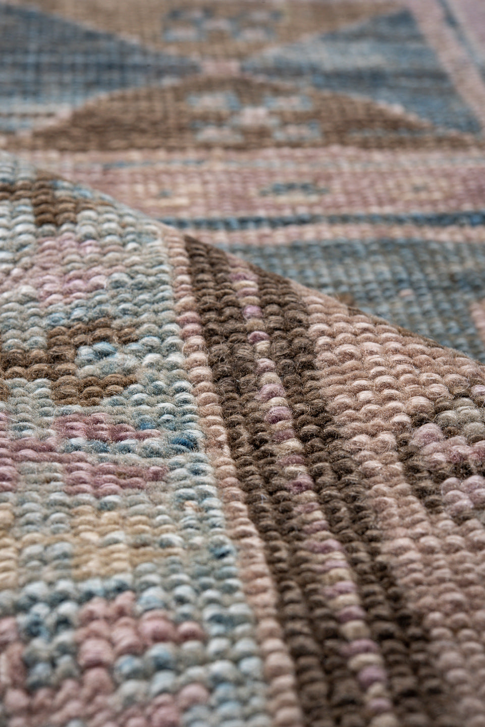 3' x 9' one-of-a-kind handmade vintage Caucasian runner rug. Color palette: black, blue, brown, charcoal, dim gray, gray