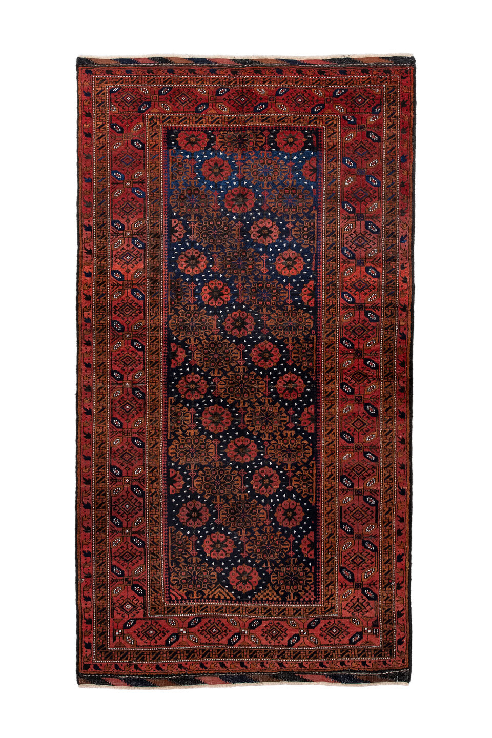 3' x 7' one-of-a-kind handmade vintage Belouch rug. Color palette: blue, brown, dim gray, gray, light gray, off-white