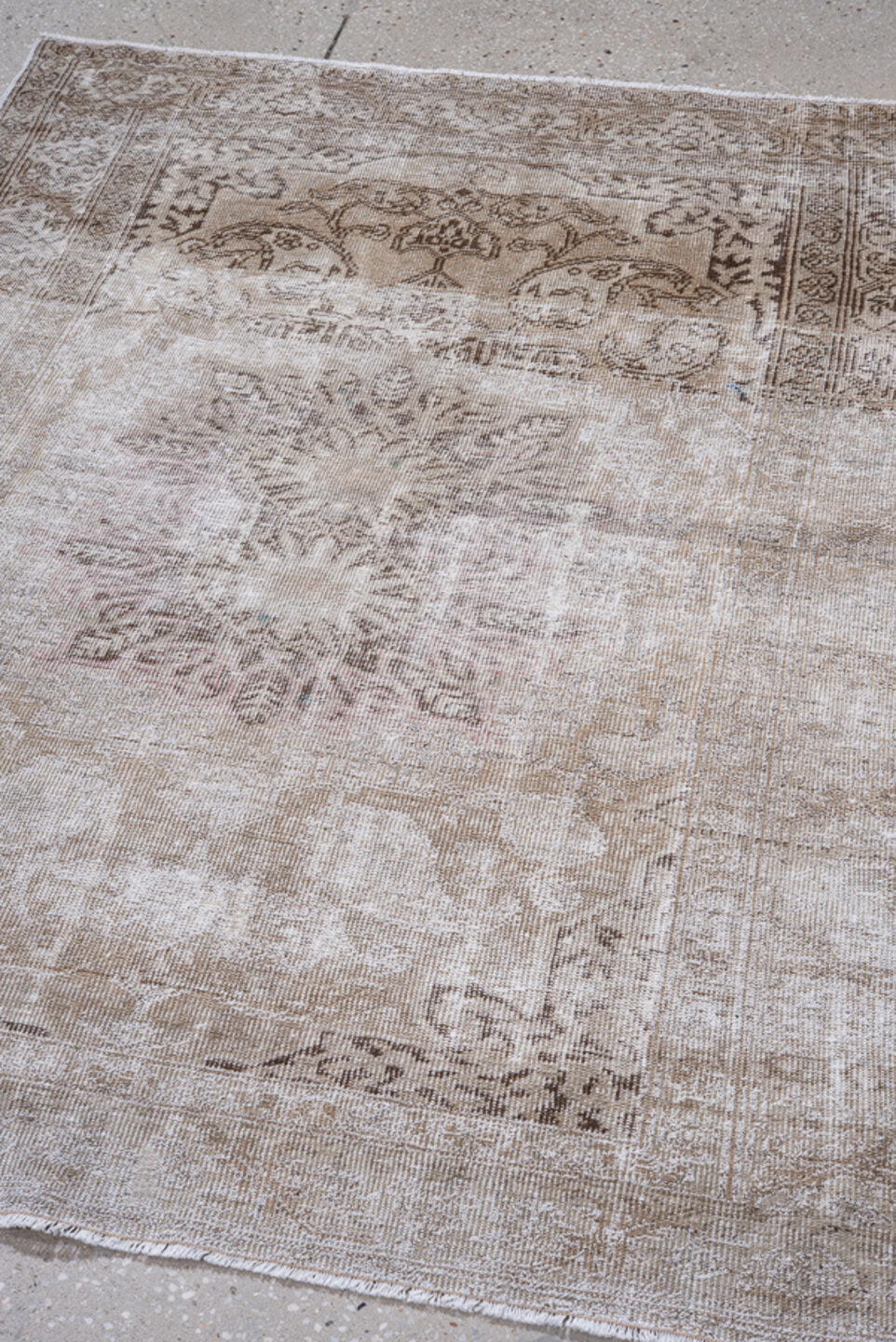 3' x 5' one-of-a-kind handmade antique Kaisary small size rug. Color palette: ivory, taupe, beige, brown, soft pink, camel