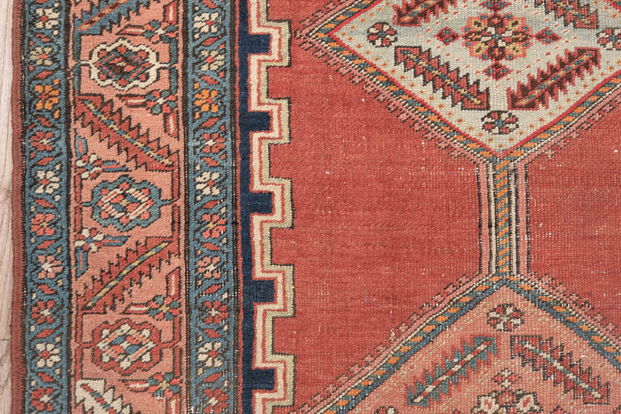 3' x 12' one-of-a-kind handmade antique Serapi runner rug. Color palette: coral, navy, ivory, rose, slate, taupe, terracotta