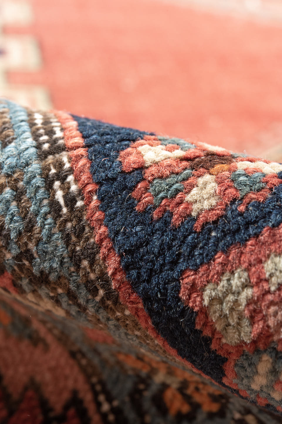 3' x 12' one-of-a-kind handmade antique Serapi runner rug. Color palette: coral, navy, ivory, rose, slate, taupe, terracotta