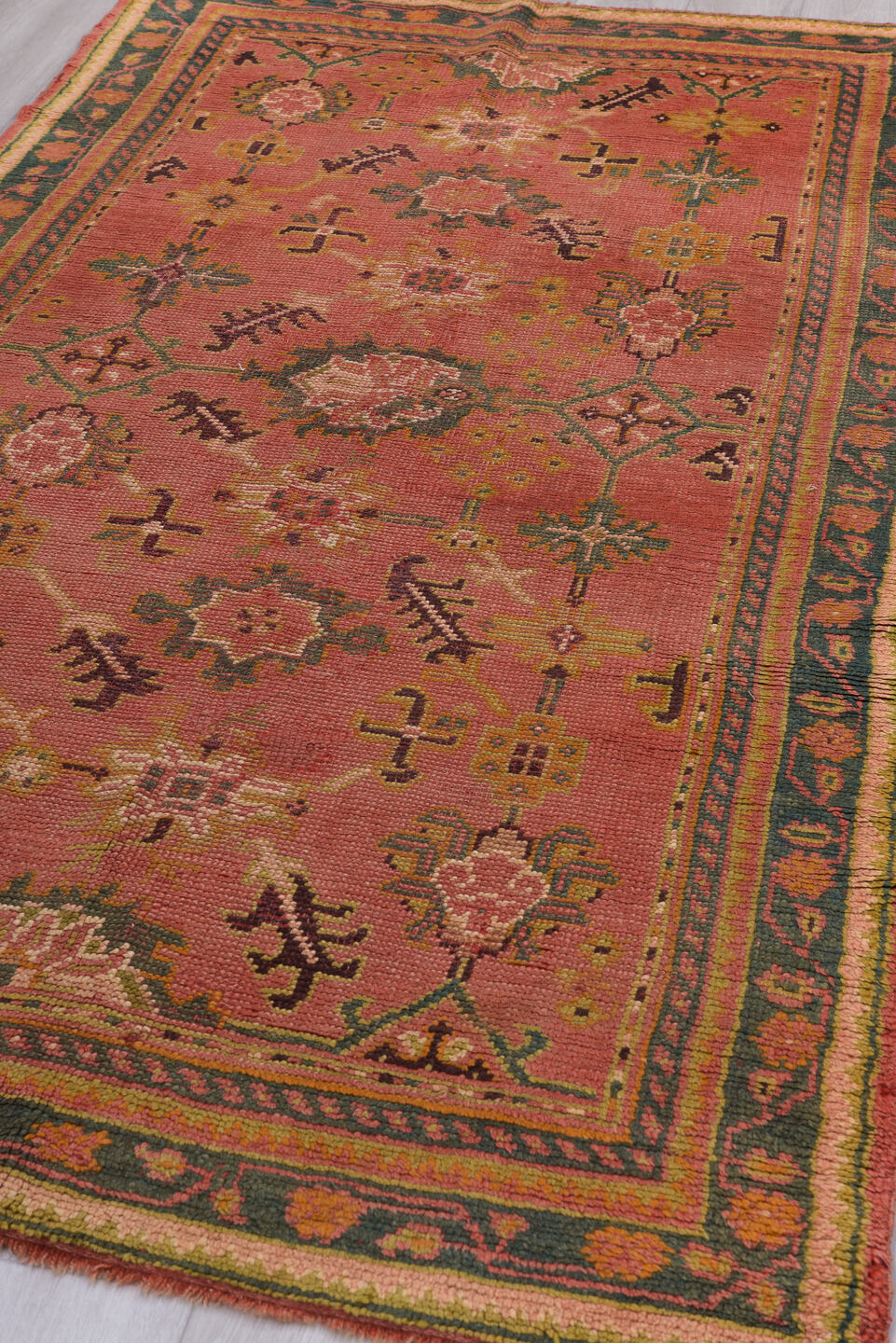 4' x 8' one-of-a-kind handmade vintage Oushak rug. Color palette: brown, burlywood, gray, off-white, orange, peru, pink, red