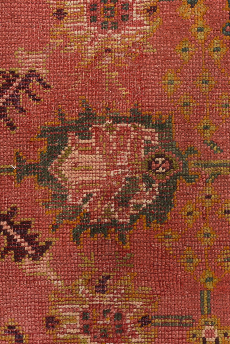 4' x 8' one-of-a-kind handmade vintage Oushak rug. Color palette: rose, charcoal, ivory, gold, olive, rust, taupe, pink, red