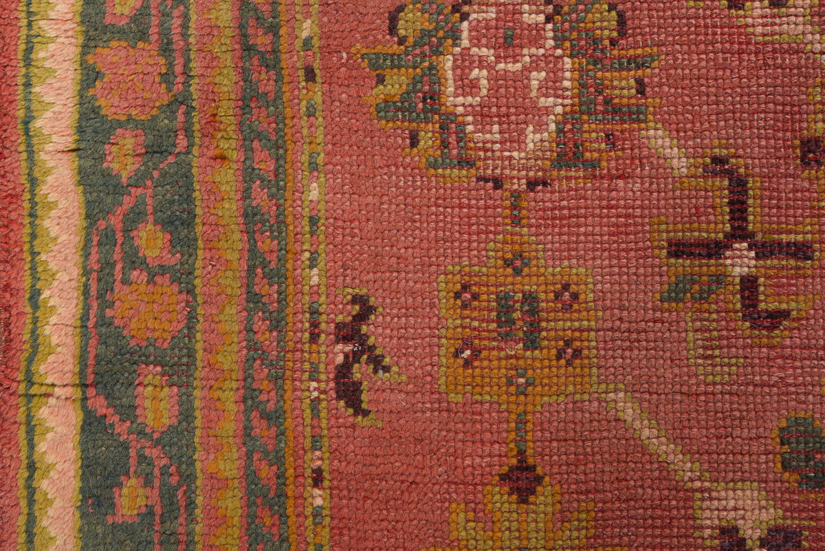 4' x 8' one-of-a-kind handmade vintage Oushak rug. Color palette: rose, charcoal, ivory, gold, olive, rust, taupe, pink, red