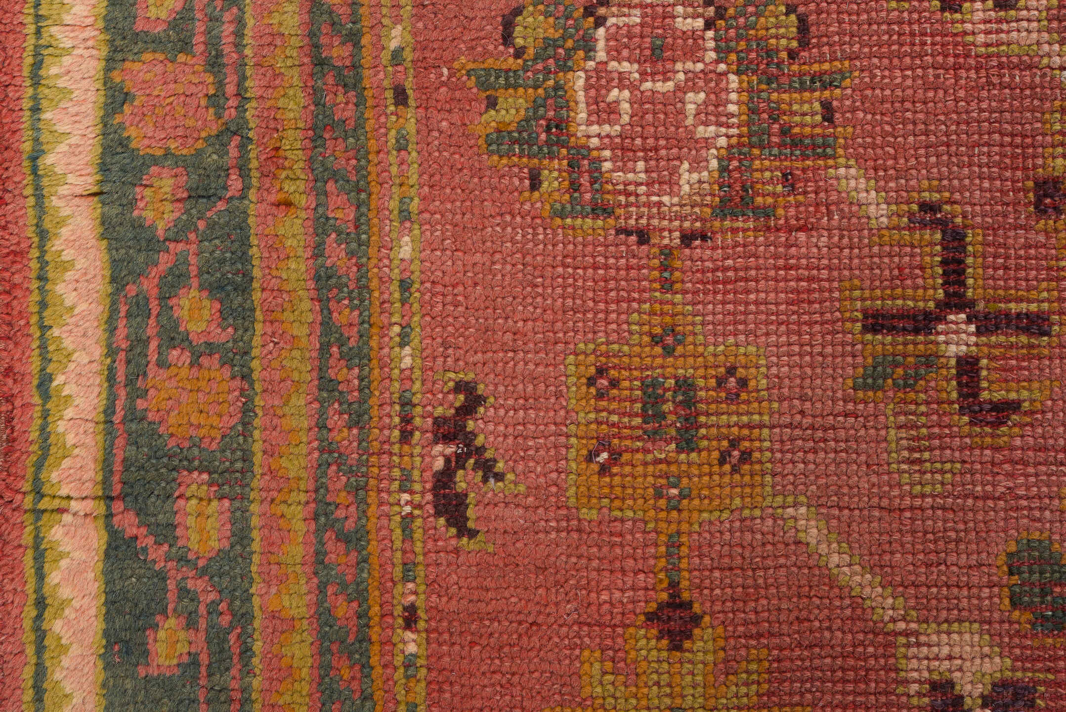 4' x 8' one-of-a-kind handmade vintage Oushak rug. Color palette: brown, burlywood, gray, off-white, orange, peru, pink, red