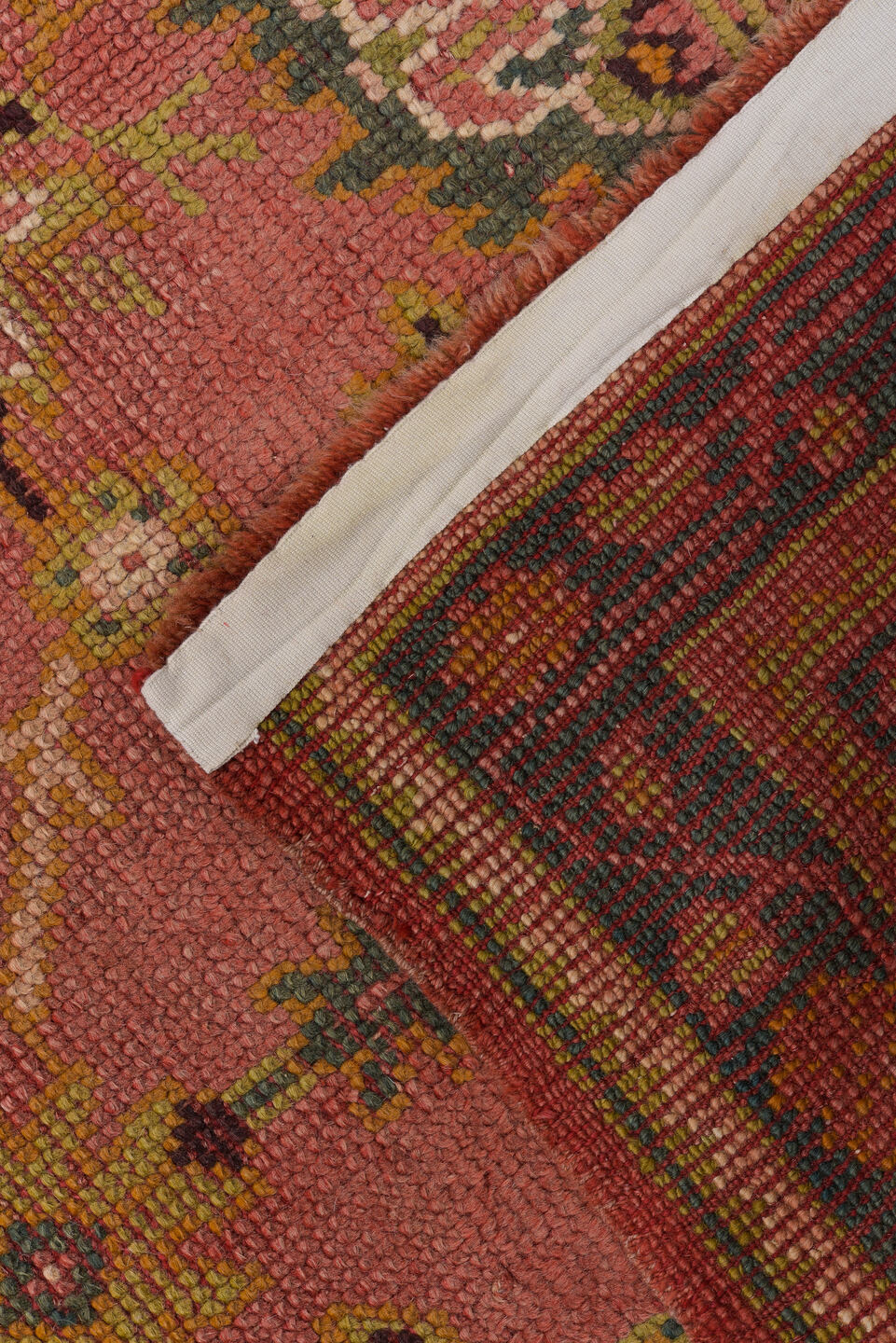 4' x 8' one-of-a-kind handmade vintage Oushak rug. Color palette: brown, burlywood, gray, off-white, orange, peru, pink, red