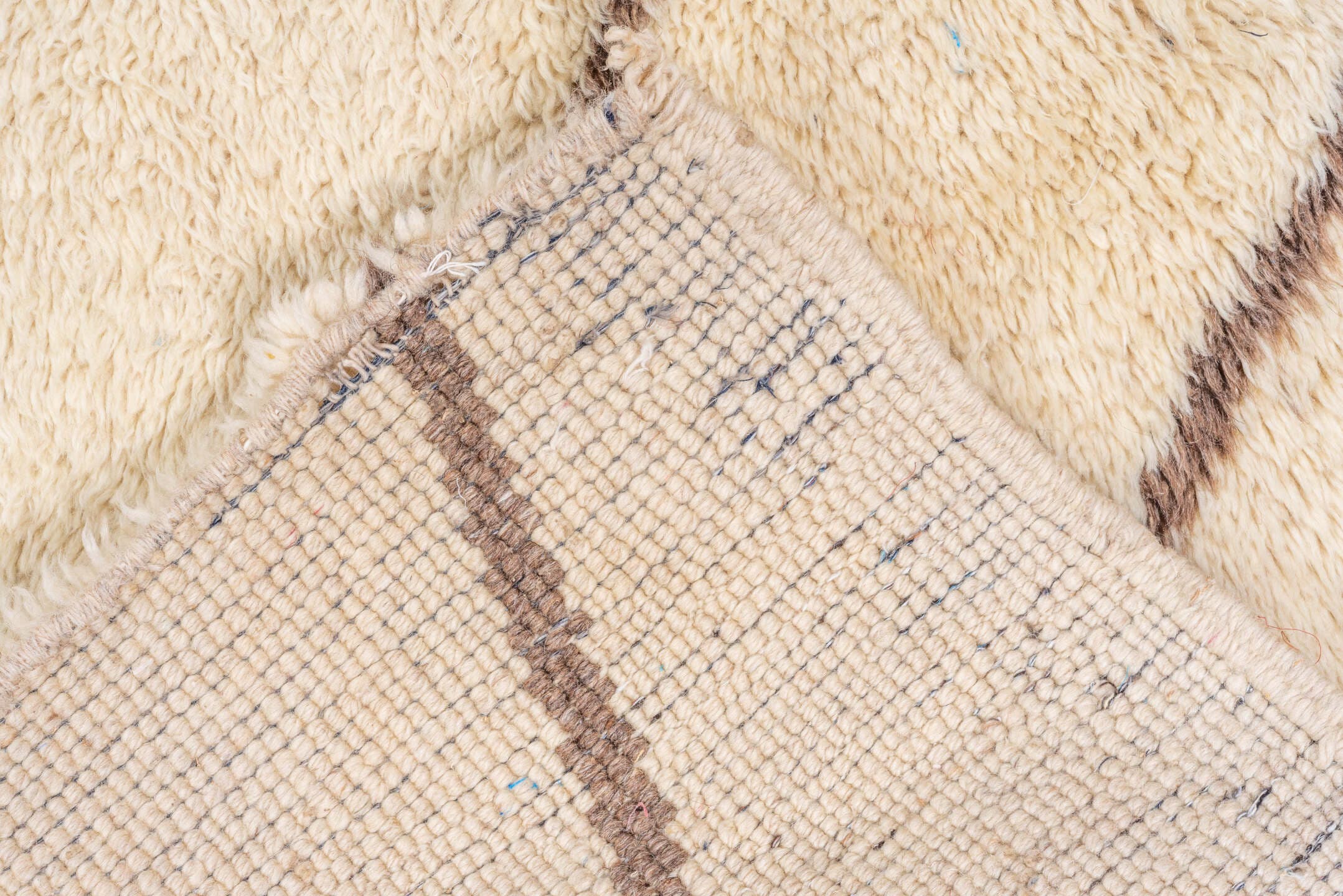 2' x 12' one-of-a-kind handmade vintage Moroccan runner rug. Color palette: ivory, brown, cream, taupe, beige, gray