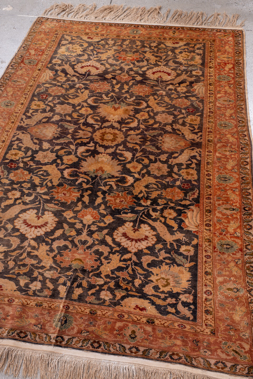4' x 6' one-of-a-kind handmade vintage Kaisary small size rug. Color palette: gray, pink, brown, off-white, orange, black