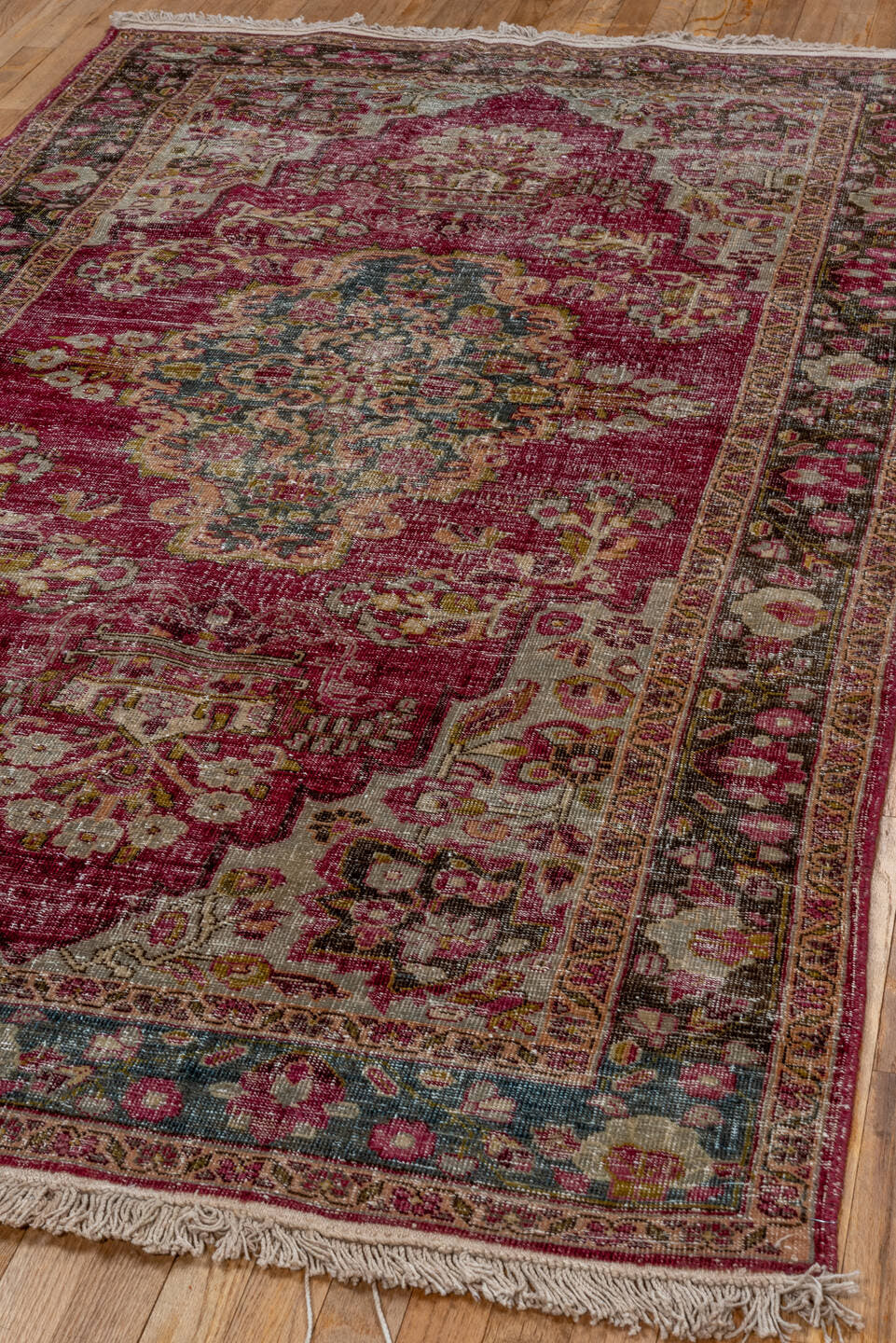 4' x 7' one-of-a-kind handmade antique Sivas rug. Color palette: rose, ivory, crimson, charcoal, dusty blue, taupe, pink