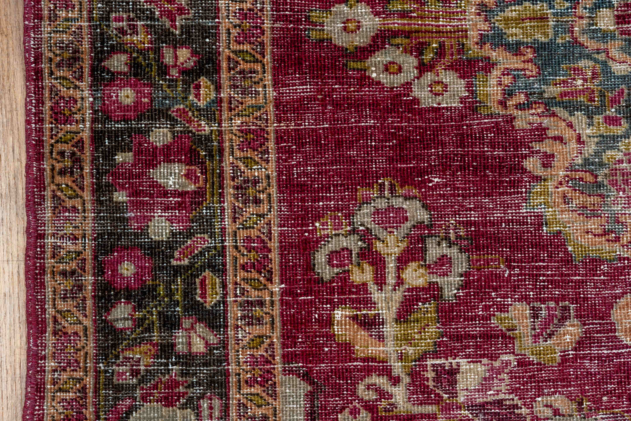 4' x 7' one-of-a-kind handmade antique Sivas rug. Color palette: rose, ivory, crimson, charcoal, dusty blue, taupe, pink