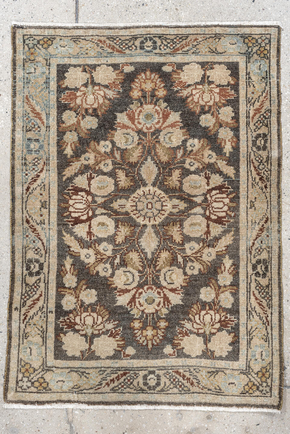 2' x 3' one-of-a-kind handmade vintage Dargazin small size rug. Color palette: charcoal, ivory, pale blue, taupe, rust
