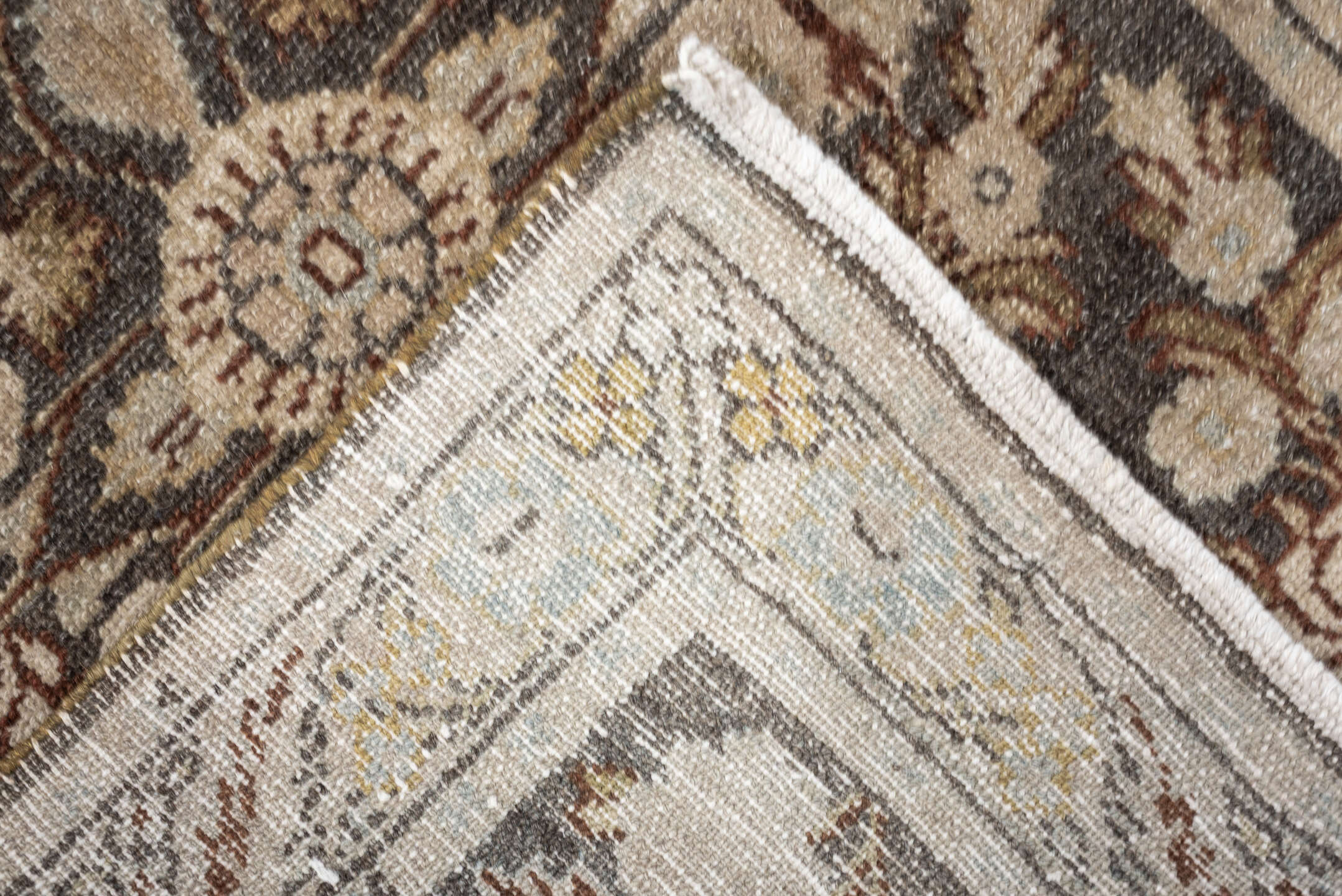 2' x 3' one-of-a-kind handmade vintage Dargazin small size rug. Color palette: charcoal, ivory, pale blue, taupe, rust