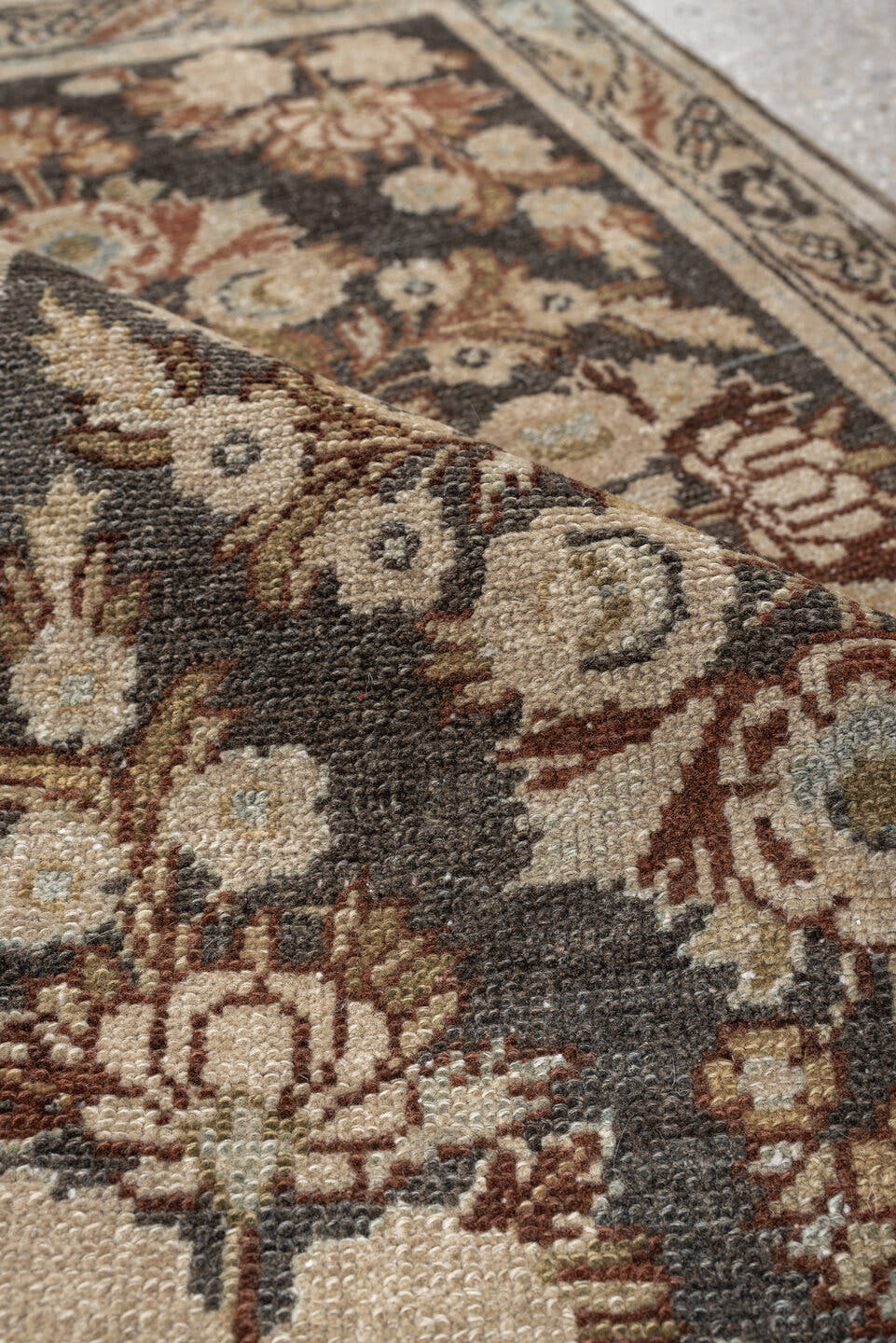 2' x 3' one-of-a-kind handmade vintage Dargazin small size rug. Color palette: charcoal, ivory, pale blue, taupe, rust