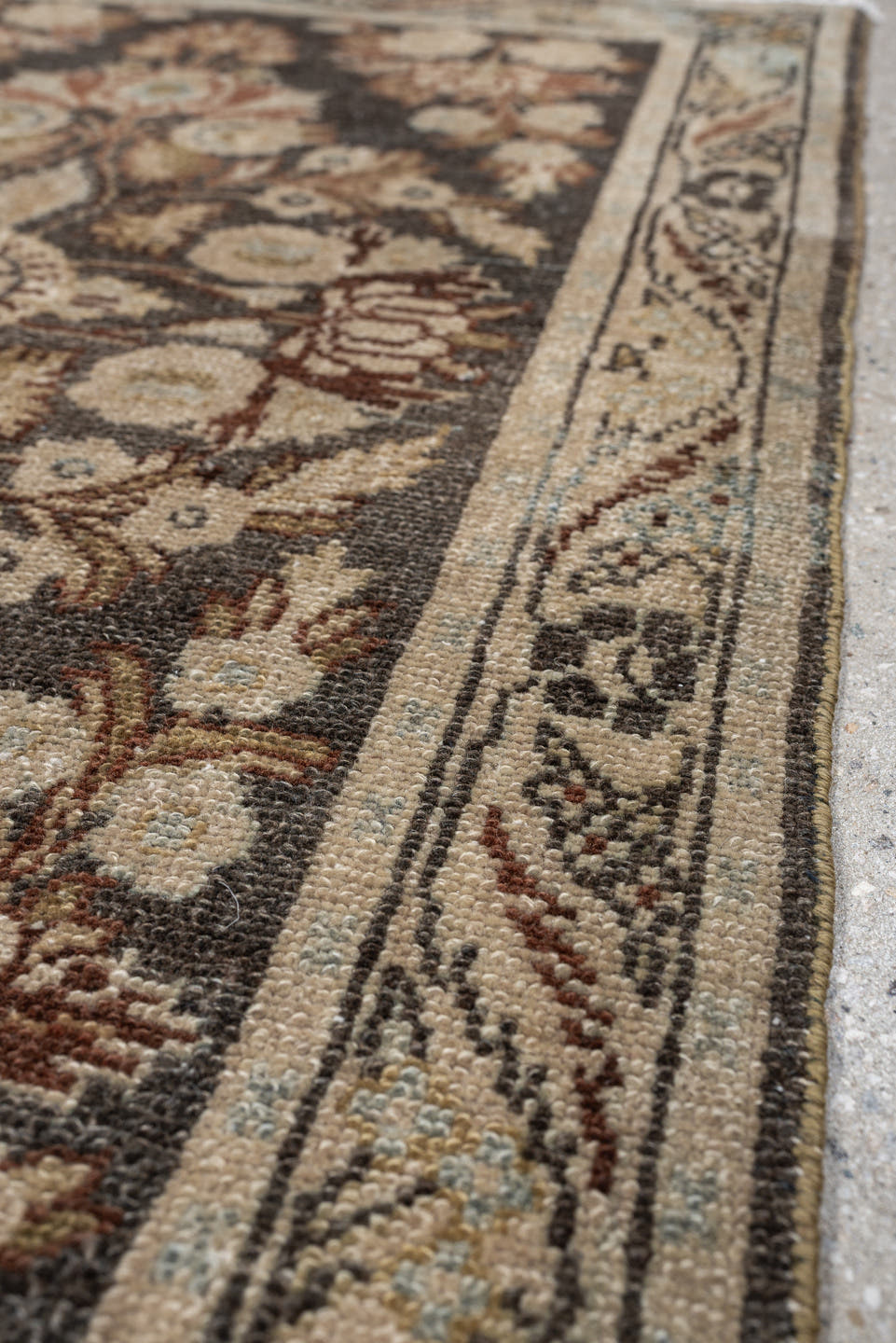 2' x 3' one-of-a-kind handmade vintage Dargazin small size rug. Color palette: charcoal, ivory, pale blue, taupe, rust