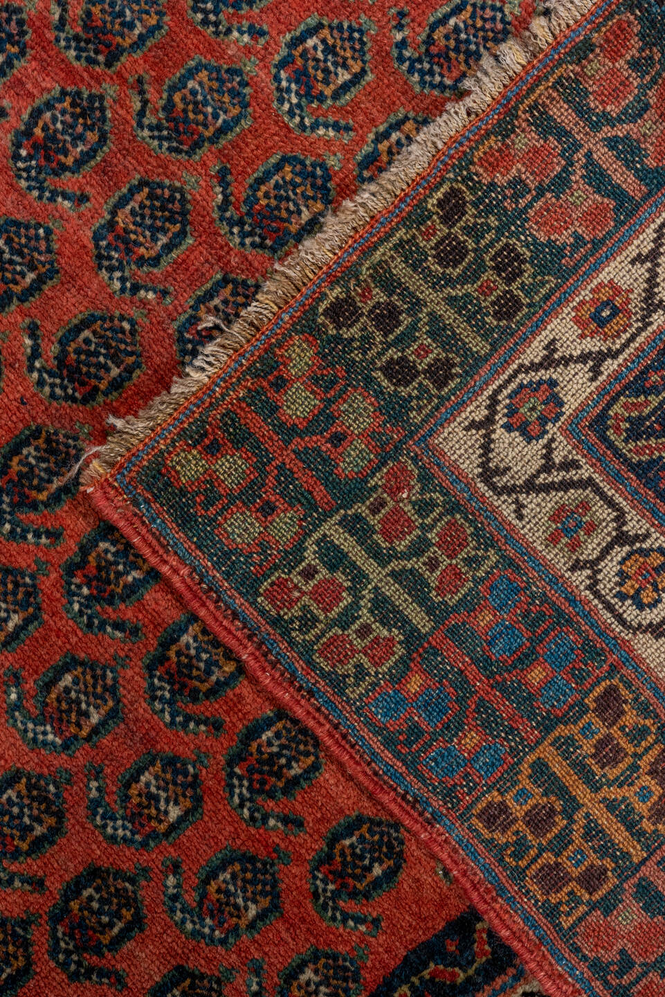 3' x 13' one-of-a-kind handmade antique Malayer runner rug. Color palette: rust, navy, ivory, camel, terracotta, charcoal