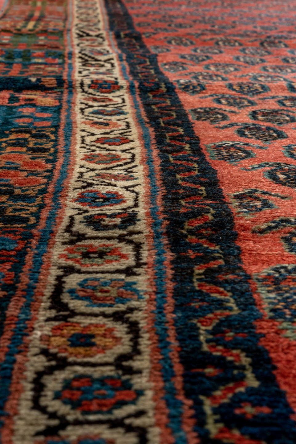 3' x 13' one-of-a-kind handmade antique Malayer runner rug. Color palette: rust, navy, ivory, camel, terracotta, charcoal