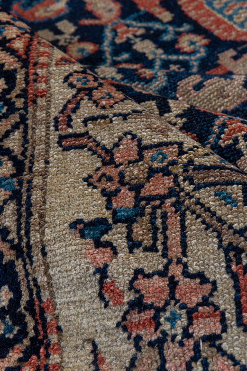 4' x 5' one-of-a-kind handmade vintage Malayer small size rug. Color palette: ivory, navy, rust, blue, camel, rose