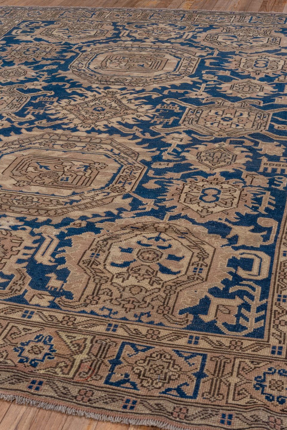 6' x 8' one-of-a-kind handmade antique Oushak medium size rug. Color palette: navy, taupe, beige, ivory, camel, blue, gray