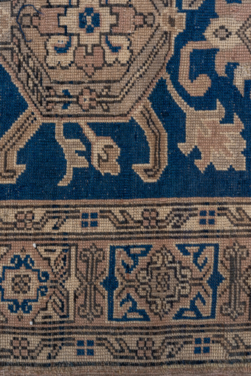6' x 8' one-of-a-kind handmade antique Oushak medium size rug. Color palette: navy, taupe, beige, ivory, camel, blue, gray
