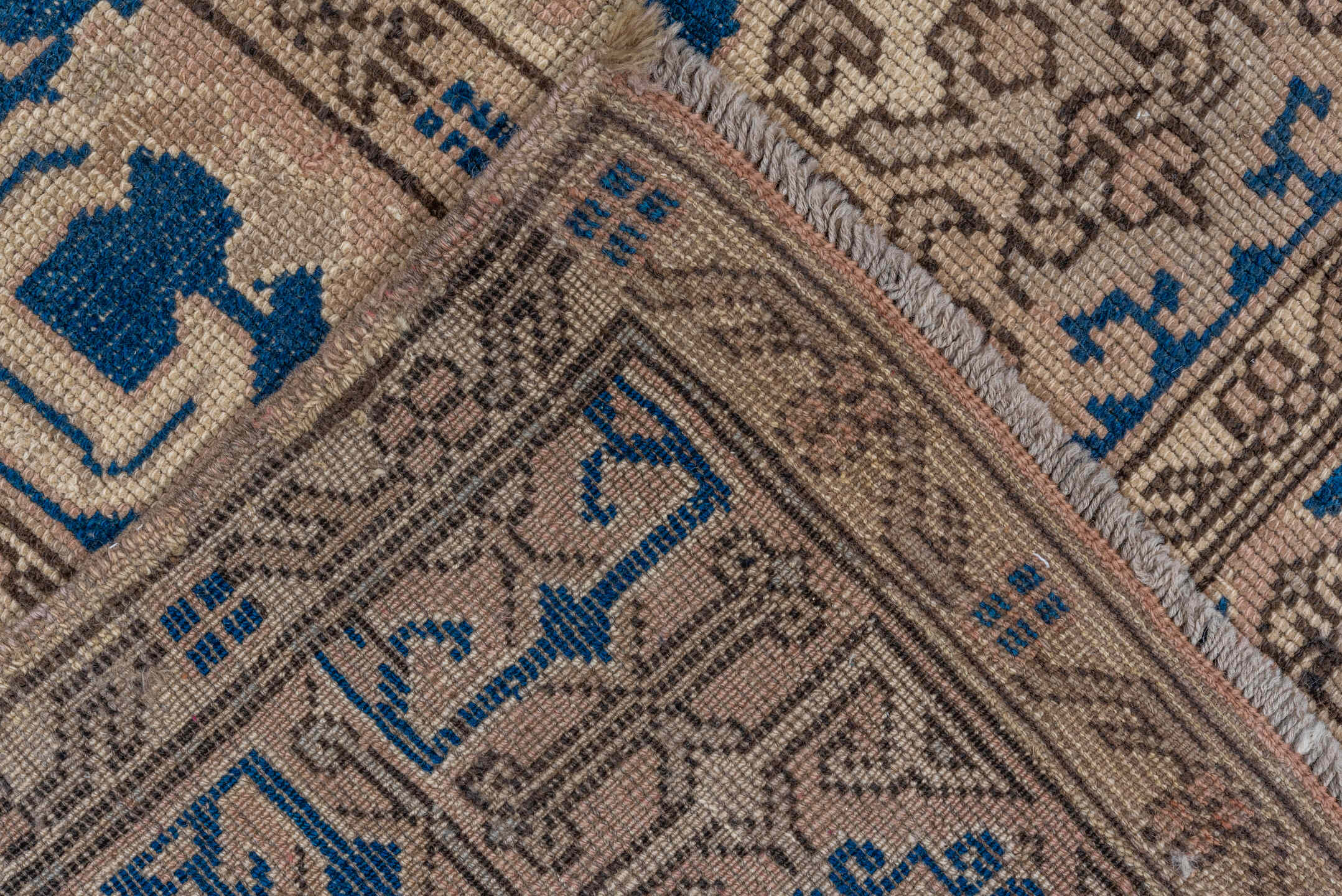 6' x 8' one-of-a-kind handmade antique Oushak medium size rug. Color palette: navy, taupe, beige, ivory, camel, blue, gray