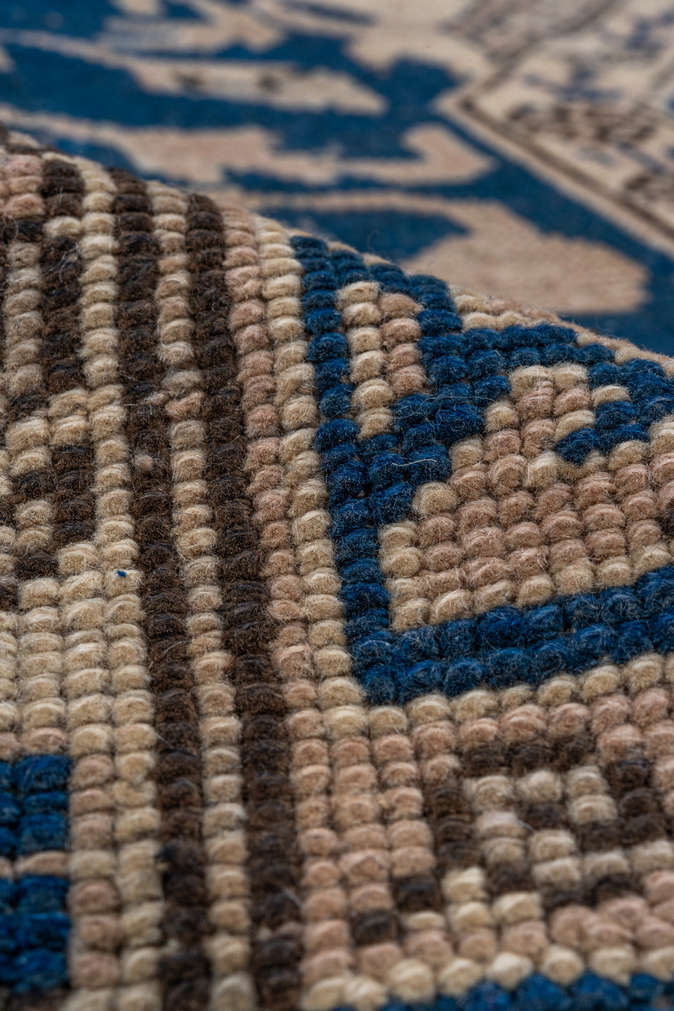 6' x 8' one-of-a-kind handmade antique Oushak medium size rug. Color palette: navy, taupe, beige, ivory, camel, blue, gray