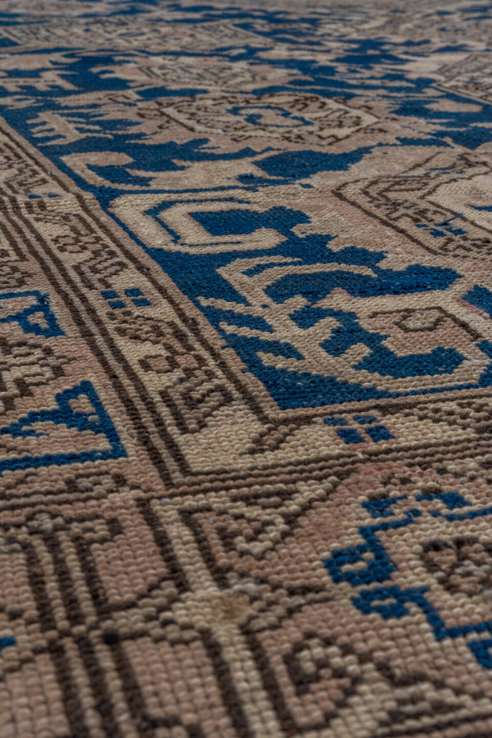 6' x 8' one-of-a-kind handmade antique Oushak medium size rug. Color palette: navy, taupe, beige, ivory, camel, blue, gray