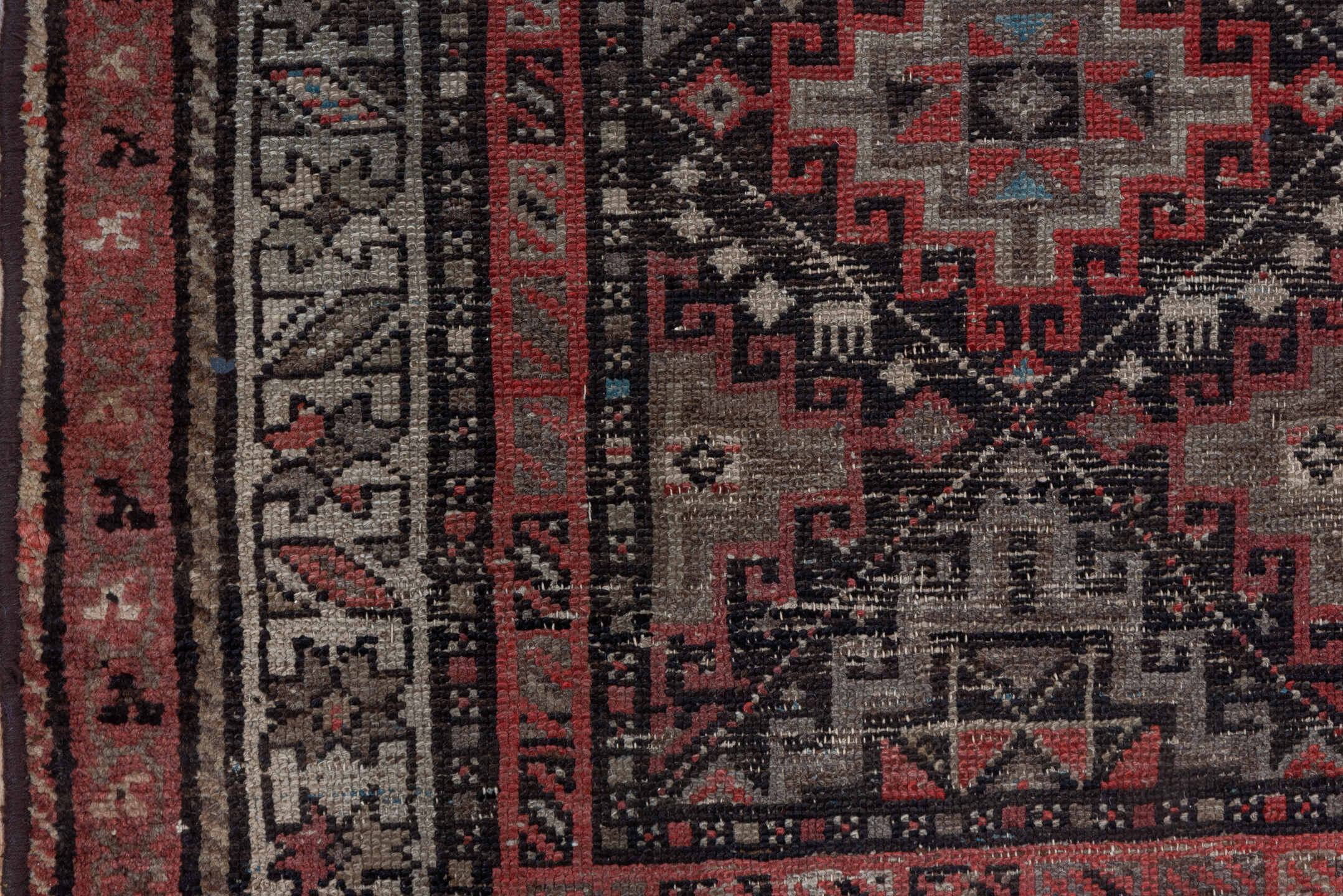 3' x 5' one-of-a-kind handmade antique Hamadan small size rug. Color palette: charcoal, rust, ivory, brick, taupe, slate