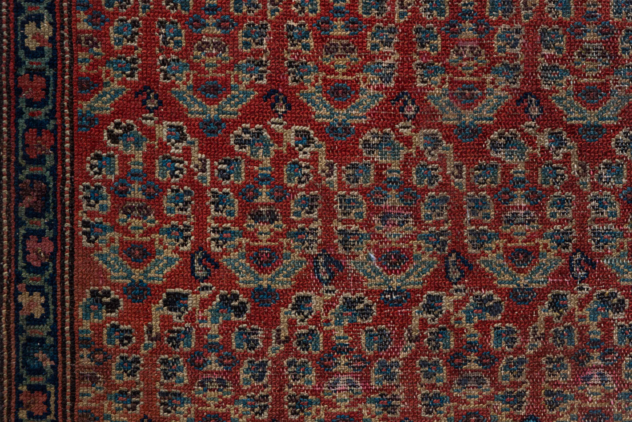 2' x 11' one-of-a-kind handmade vintage Malayer runner rug. Color palette: brown, off-white, pink, red, snow, white