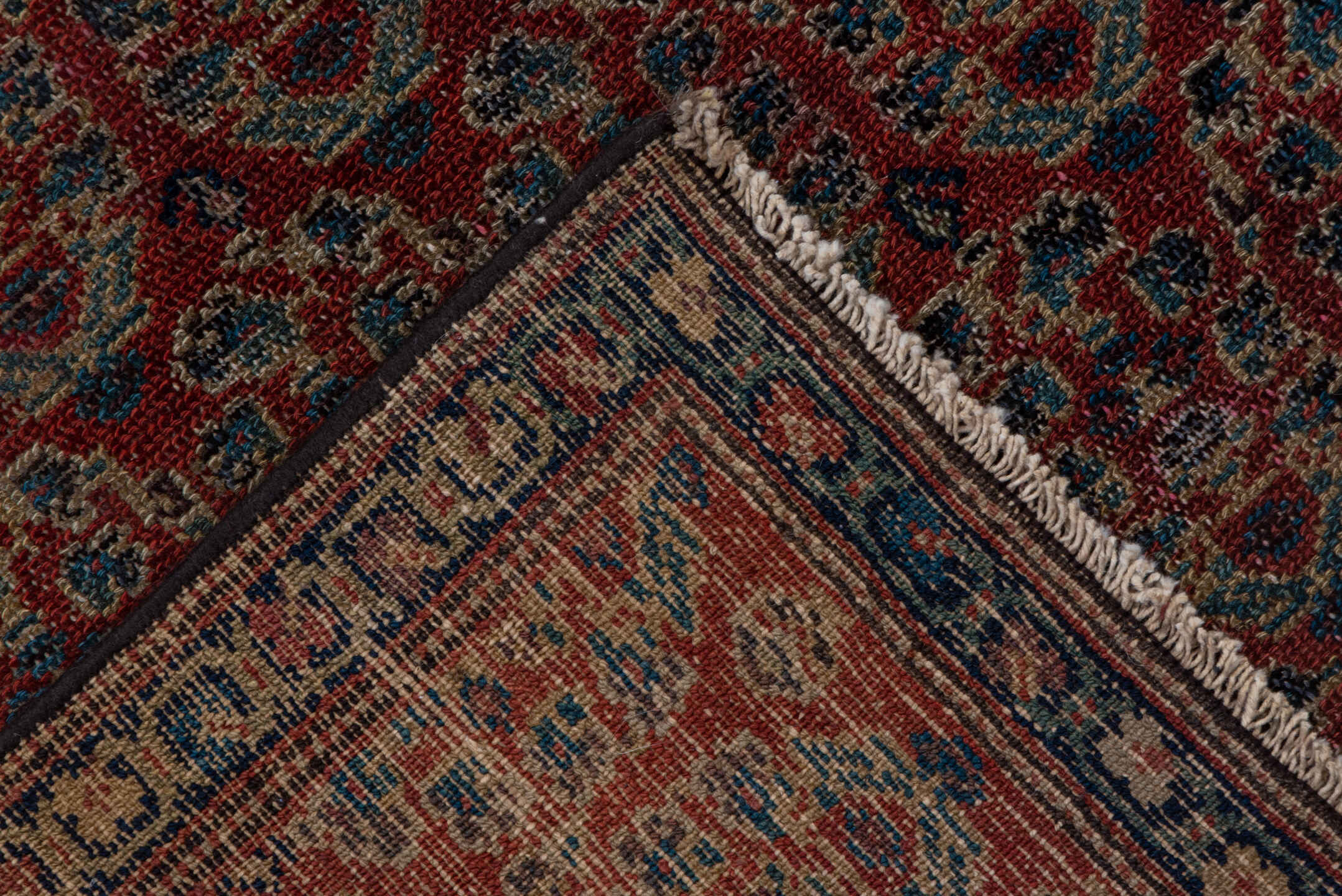 2' x 11' one-of-a-kind handmade vintage Malayer runner rug. Color palette: brown, off-white, pink, red, snow, white