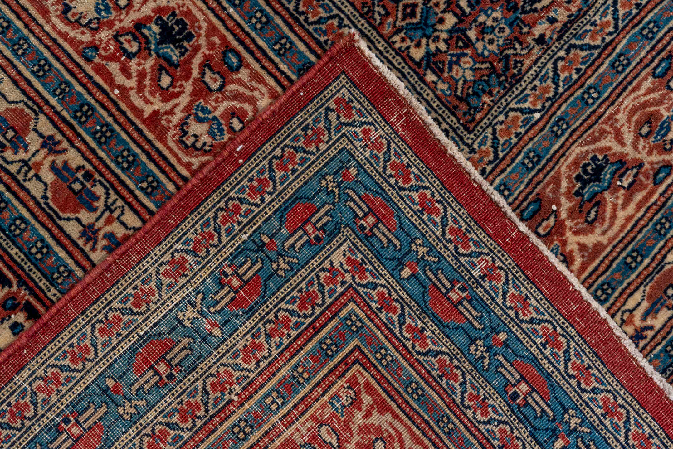 12' x 19' one-of-a-kind handmade antique Tabriz oversize rug. Color palette: navy, rust, ivory, terra cotta, indigo, camel