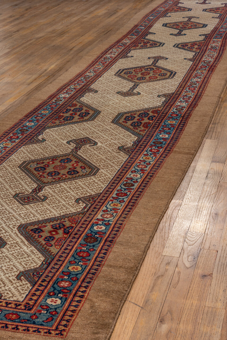 3' x 18' one-of-a-kind handmade antique Cam Hamadan runner rug. Color palette: ivory, camel, sky blue, rust, navy