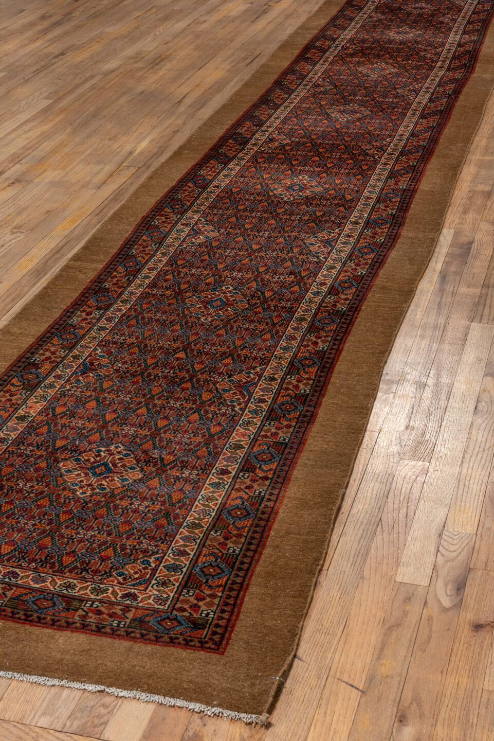 3' x 16' one-of-a-kind handmade vintage Cam Hamadan runner rug. Color palette: blue, brown, gray, off-white, pink, red, snow