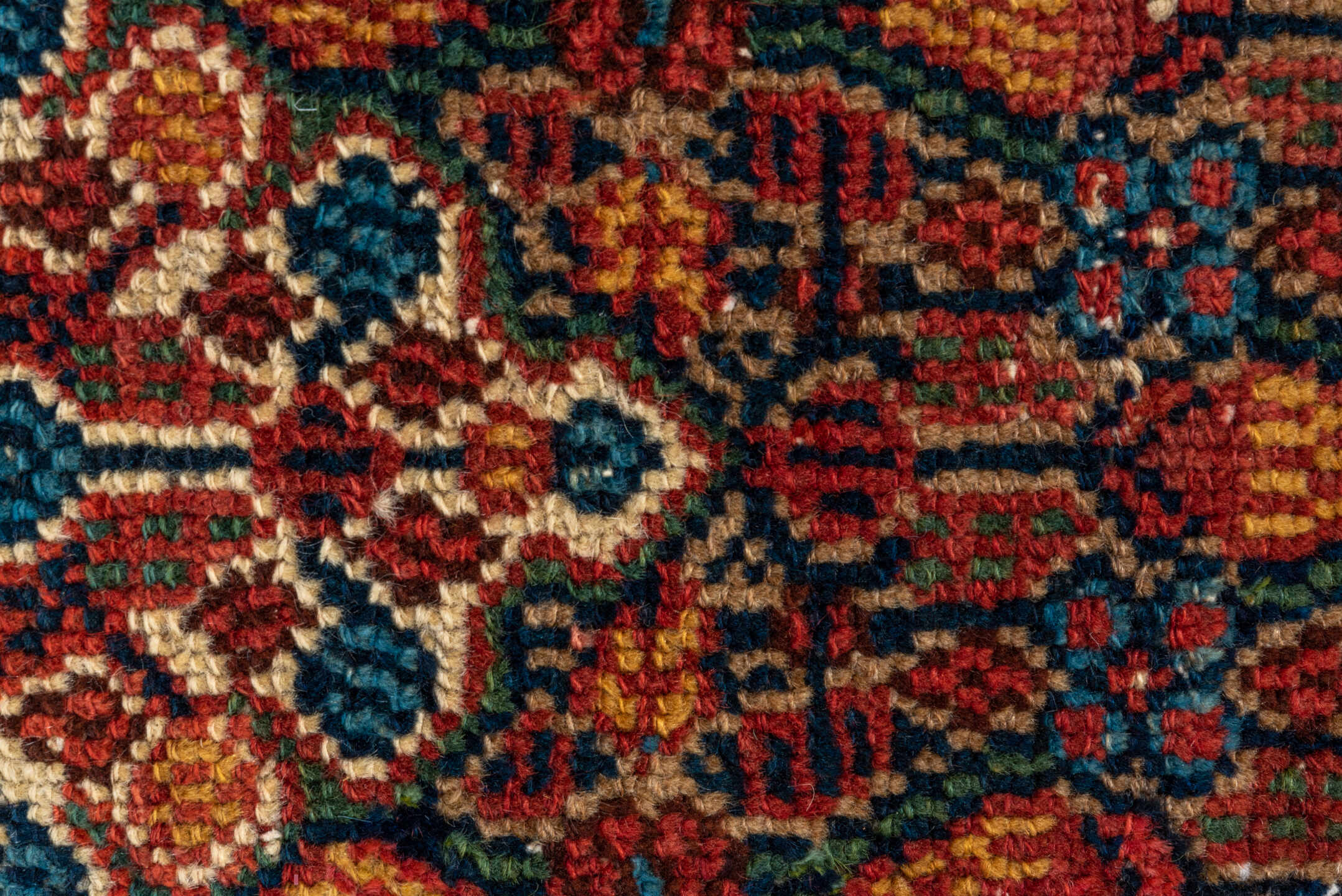 3' x 16' one-of-a-kind handmade vintage Cam Hamadan runner rug. Color palette: blue, brown, gray, off-white, pink, red, snow